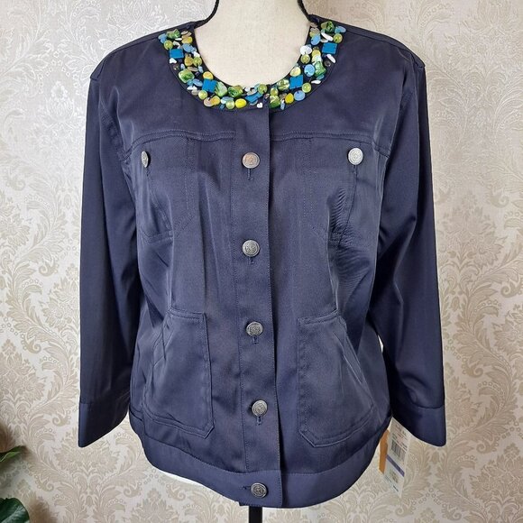Ruby Rd Sz 18 Navy Blue Jacket Button Front Stone Embellishment 3/4 Sleeves NWT - Picture 1 of 16